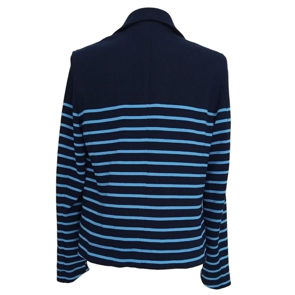 NYDJ Navy Blue Stripe Ponte Knit Moto Jacket Zip Pockets Preppy Modern Nautical